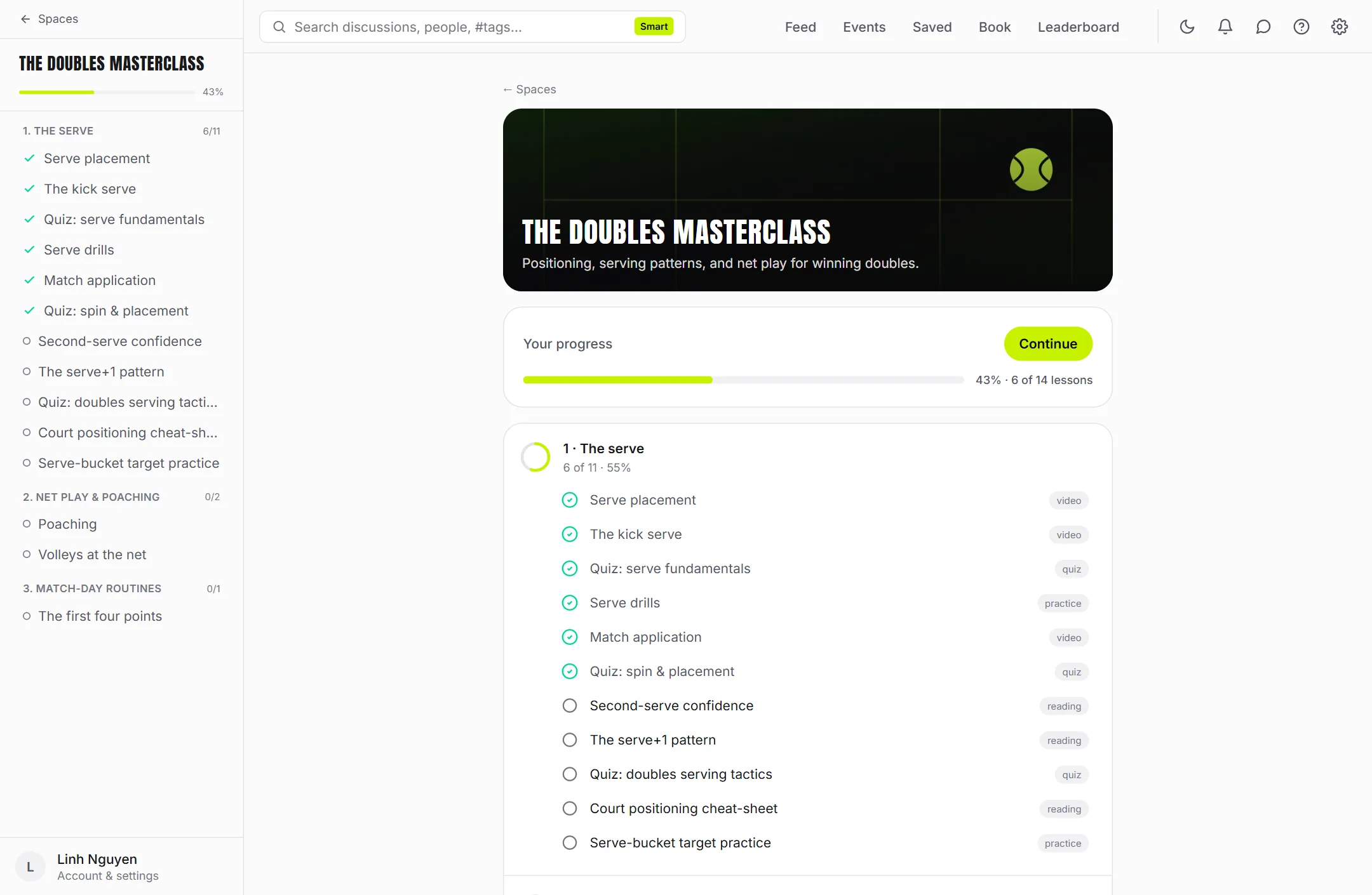 The Doubles Masterclass — modules, progress and a quiz mid-course