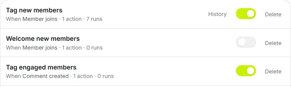 Automations — rules that tag, welcome and reward members automatically