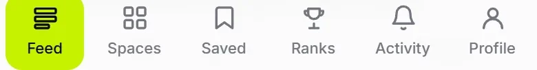 The app’s bottom tab bar — Feed, Spaces, Ranks, Activity, Profile