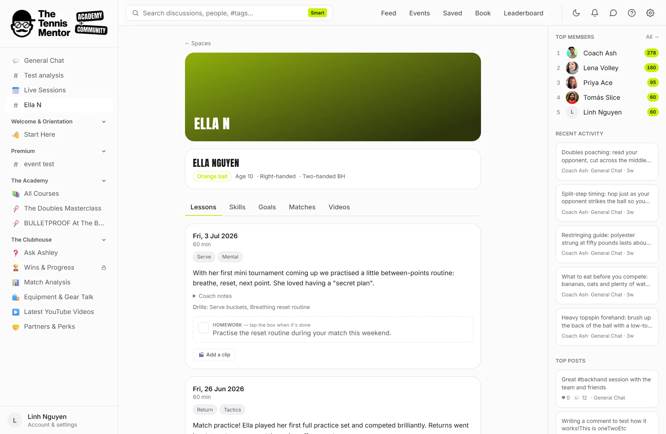Ella's player space — profile card, tabs and a lesson report with homework