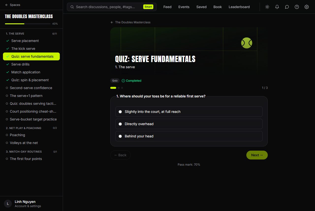 A quiz lesson — pick your answers, see your score instantly