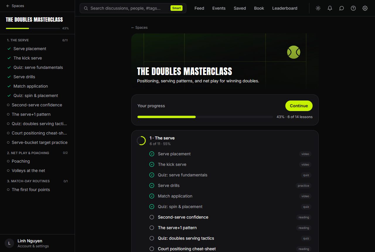 A course space — modules, lessons and quizzes with your progress