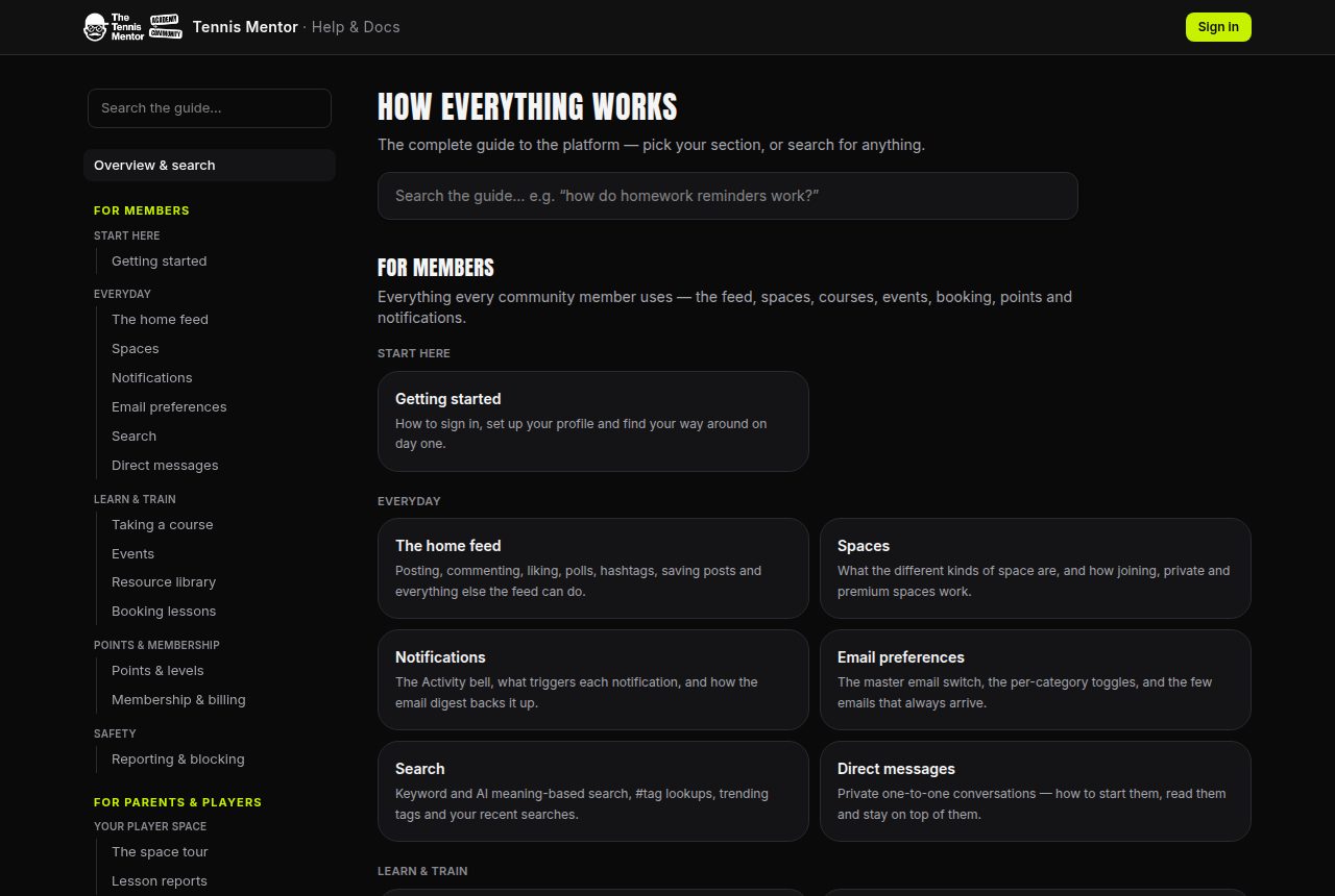The docs home — segments plus AI-powered search