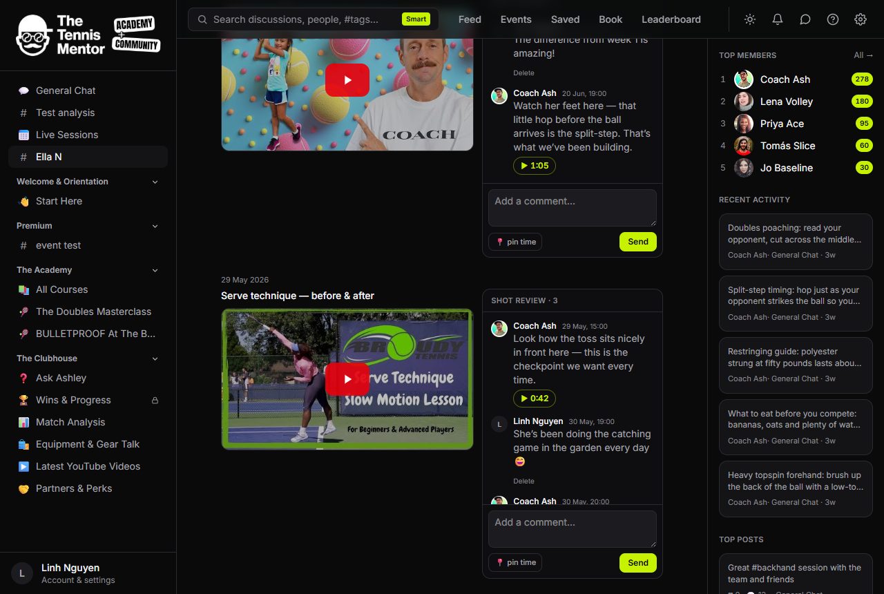 The review chat under a clip — tap a timestamp chip to jump the video there