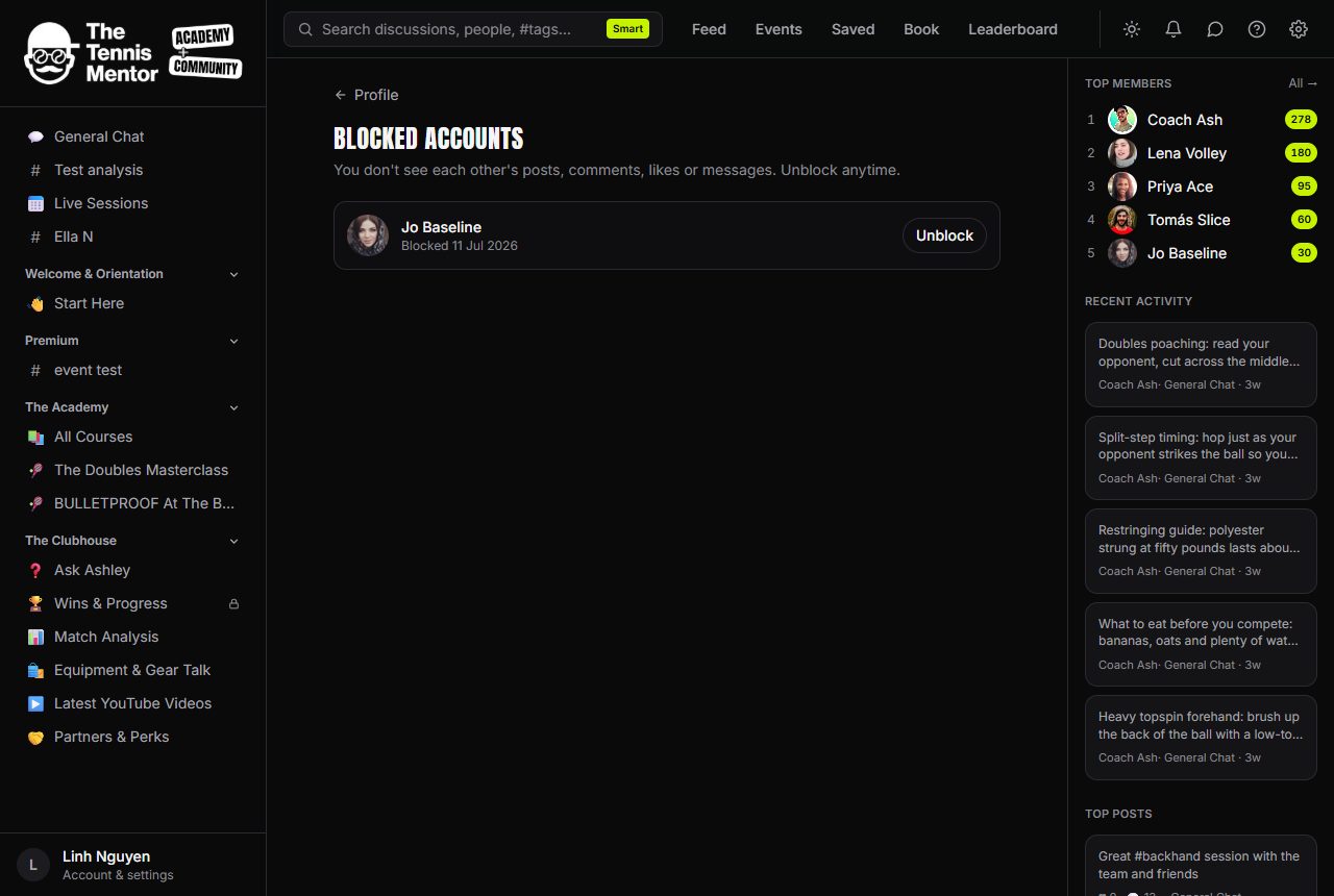 Settings → Blocked accounts